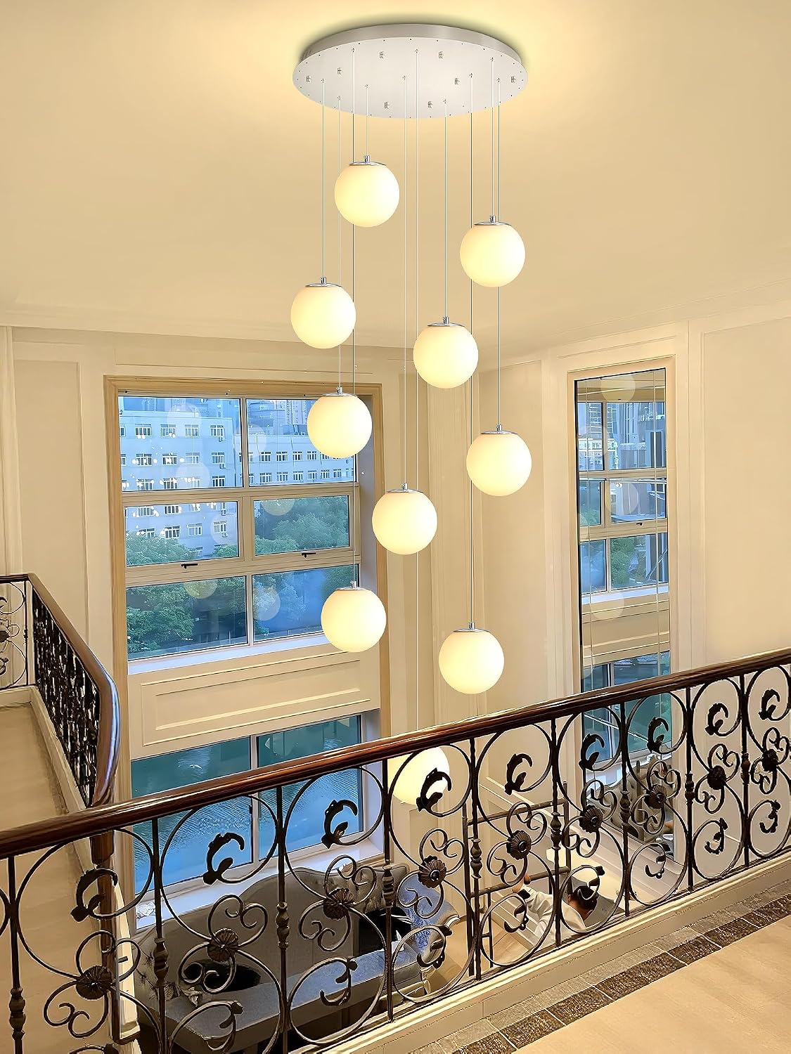 ykolupty LED Staircase Chandelier Glass Globe Pendant Light Chrome Large Chandeliers for High Ceiling,10-Lights Hanging Flush Mount Lighting Fixtures for Foyer,Entryway,Living Room