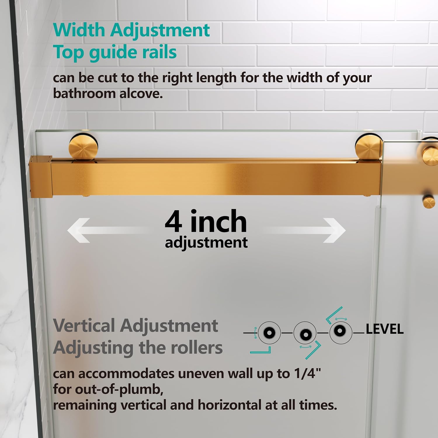 56-60' W x 76' H Single Sided Frosted Shower Doors Soft Close Double Sliding Frameless 3/8'(10mm) Tempered Glass with Towel Bar Handle (Brushed Gold)