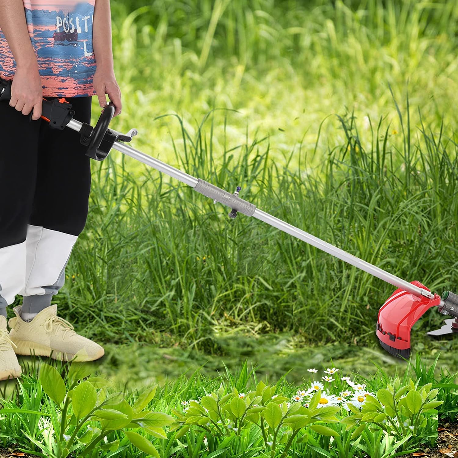 52cc Weed Wacker Gas Powered, String Trimmer/Edger, Pole Saw, Hedge Trimmer and Brush Cutter Blade, Extension Pole, 5-in-1 Multi Yard Care Tools, Rubber Handle & Shoulder Strap Included ﻿ (Red)