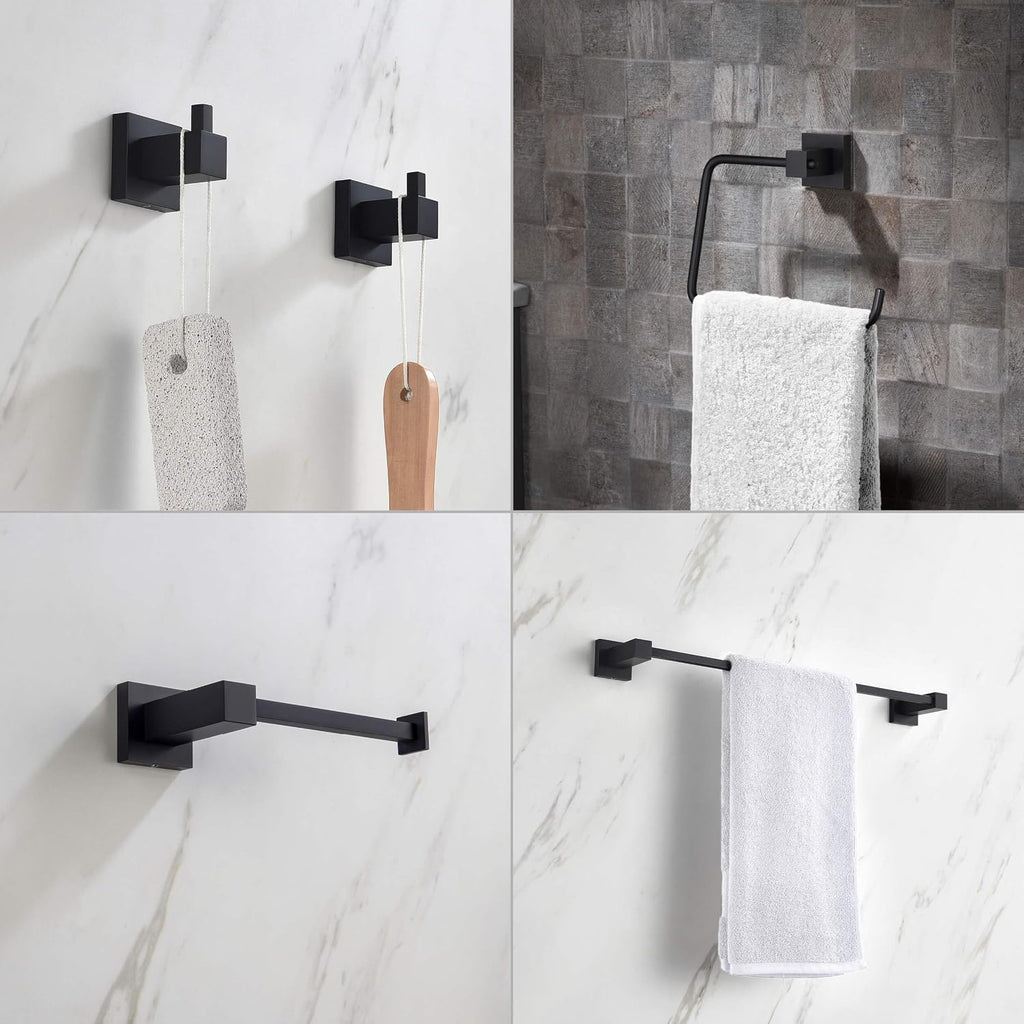 KIBI Cube 5-Piece Bathroom Hardware Set, Modern Bathroom Accessories | Includes 18' Towel Bar, Towel Ring, Toilet Paper Holder & Robe Hooks | Durable and Rust-Resistant (Matte Black, C-KBA15-5-3)