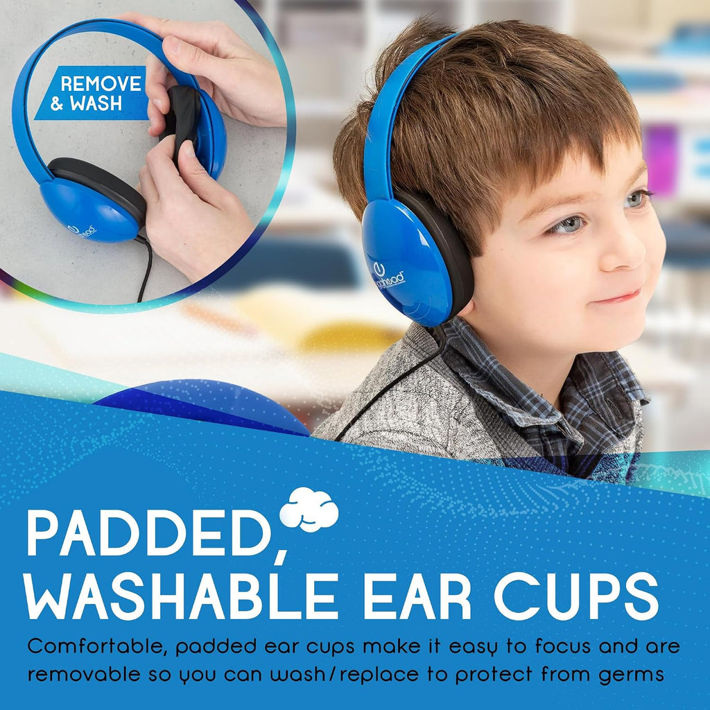 Egghead Heavy-Duty Kids' Headphones with Padded Ear Cups and 6' Cord, Adjustable Tangle-Free Plastic Classroom Headphones for Kids, Blue (Pack of 40)