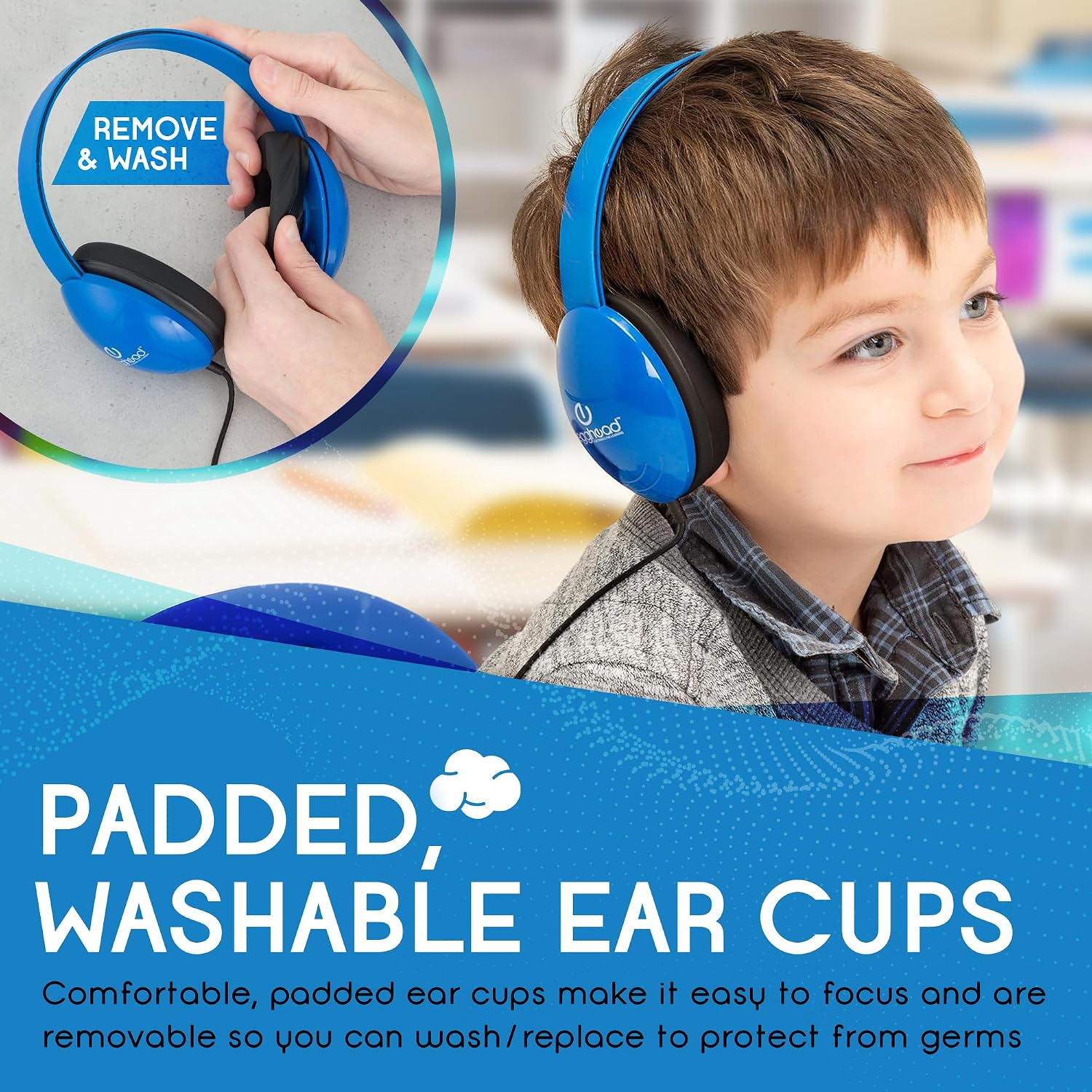 Egghead Heavy-Duty Kids' Headphones with Padded Ear Cups and 6' Cord, Adjustable Tangle-Free Plastic Classroom Headphones for Kids, Blue (Pack of 40)