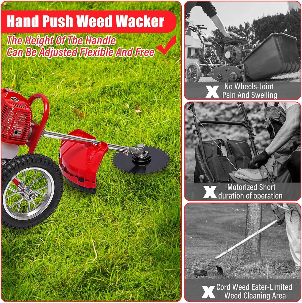 Weed Wacker, 2 Stroke 49 CC Gasoline Weed Eater, 6500-7000R/Min Hand Push Weed Wacker, 0.95L Small Weedwacker, can Folded Rear Wheel, for Mountains, Hills, Plains, Orchards Etc