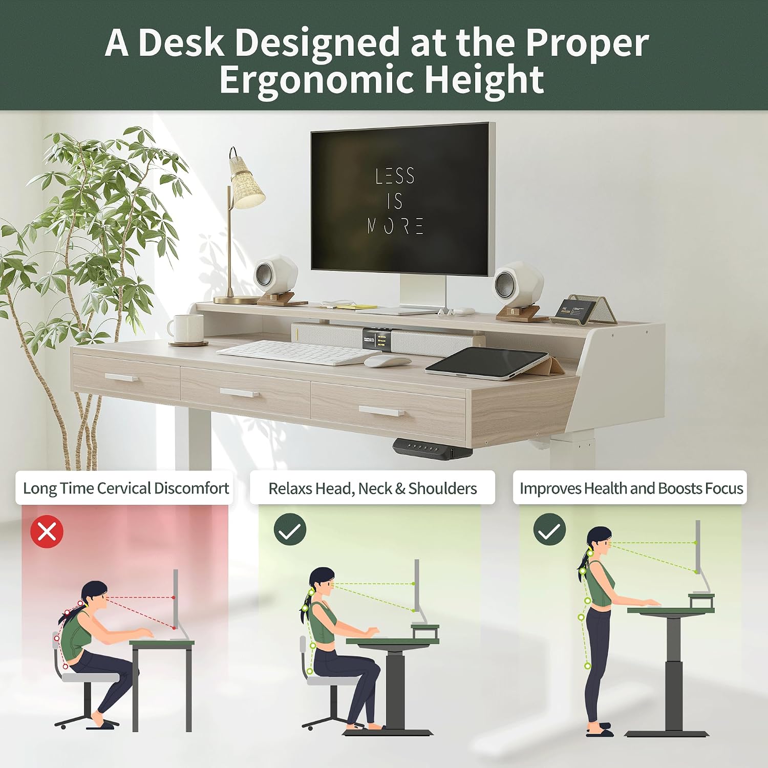 FEZIBO Electric Standing Desk 55x26 Inches with 3 Wood Drawers and Monitor Shelf, Height Adjustable Computer Desk, Ergonomic Rising Home Office Desks, Sit Stand Up Workstation Table, Light Walnut