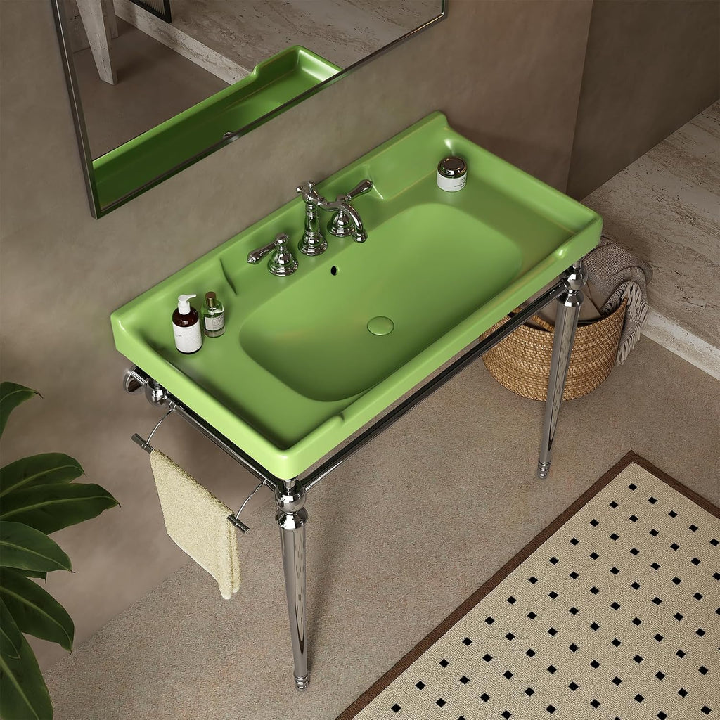 36'' Console Bathroom Sink, Freestanding Console Sink With Stainless Brushed Chrome Legs, Modern Bathroom Sink Vanities with 3 Tap Holes and Pop Up Drain, Green with Silver