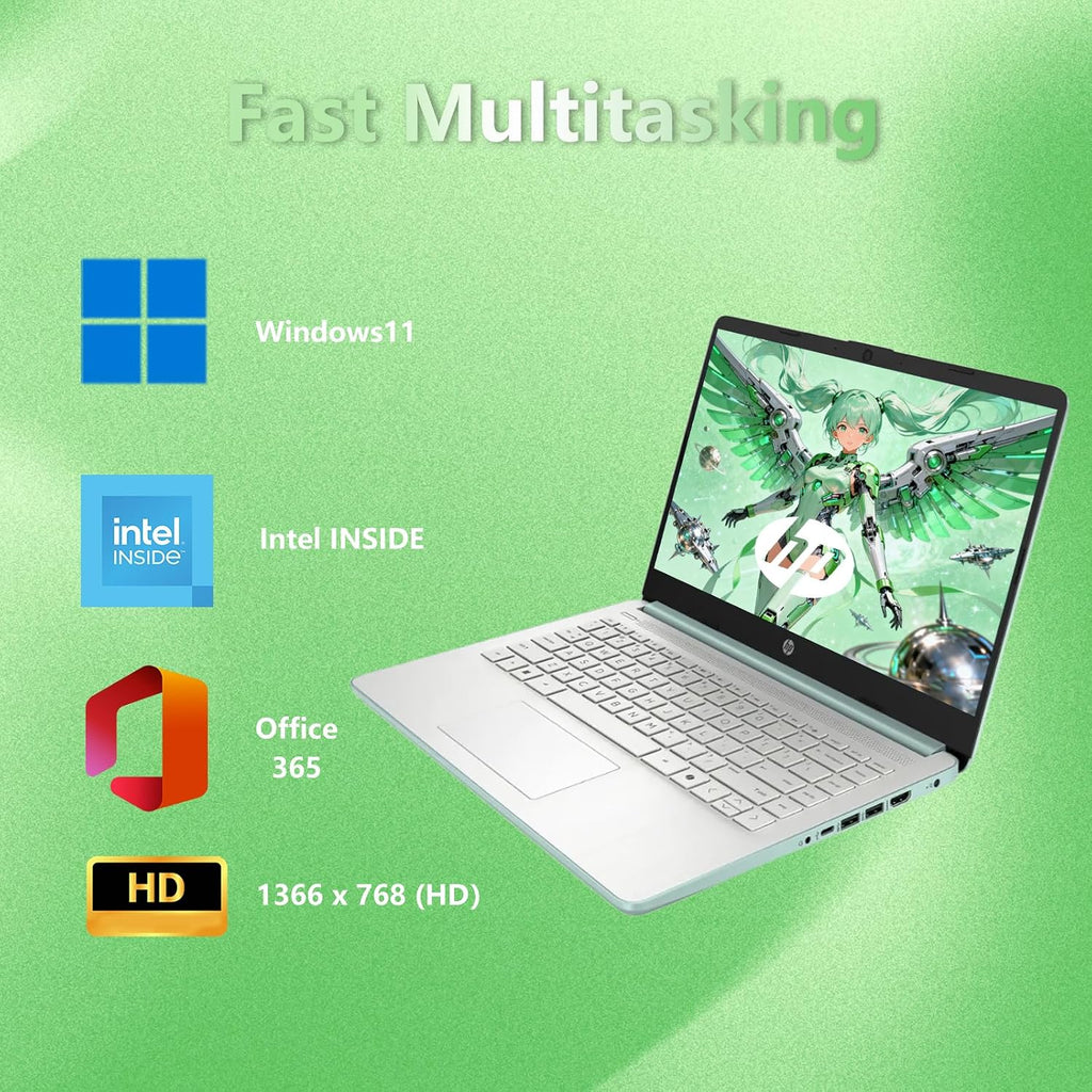 HP 14 Elite Laptop, 4GB RAM, 1.12TB Total Storage (128GB UFS+1TB Cloud), Willow Green, Office 365, Intel Multi-Core, Win11, Copilot AI, 11Hr Battery, Alpacatec Mouse
