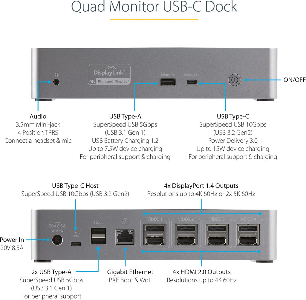 StarTech.com USB-C Quad Monitor Docking Station for MacBook Pro/Air M1 M2 M3 M4 & Windows, Universal 4K 60Hz HDMI DP Dock, Thunderbolt Compatible, 100W Laptop Charging