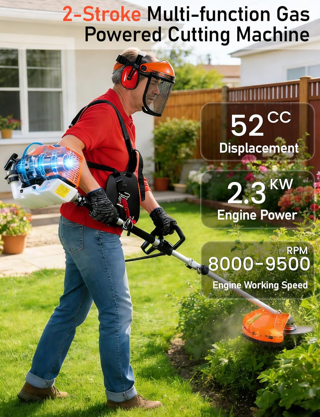 5 in 1 Gas Weed Eater - 52CC 2-Stroke Gas Weed Wacker Combo - Commercial Grade Hedge Trimming, String Trimmer, Brush Cutter, Edger, Pole Saw Pruner with Extension Pole with EPA Certification