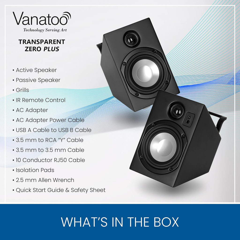 Vanatoo Transparent Zero Plus Near Field Studio Monitor Speakers Pair for TV, PC, Gaming. 120 Watt Powered Speakers for Desktop and Room use. AUX, USB, Bluetooth, Toslink Optical, Remote Control.
