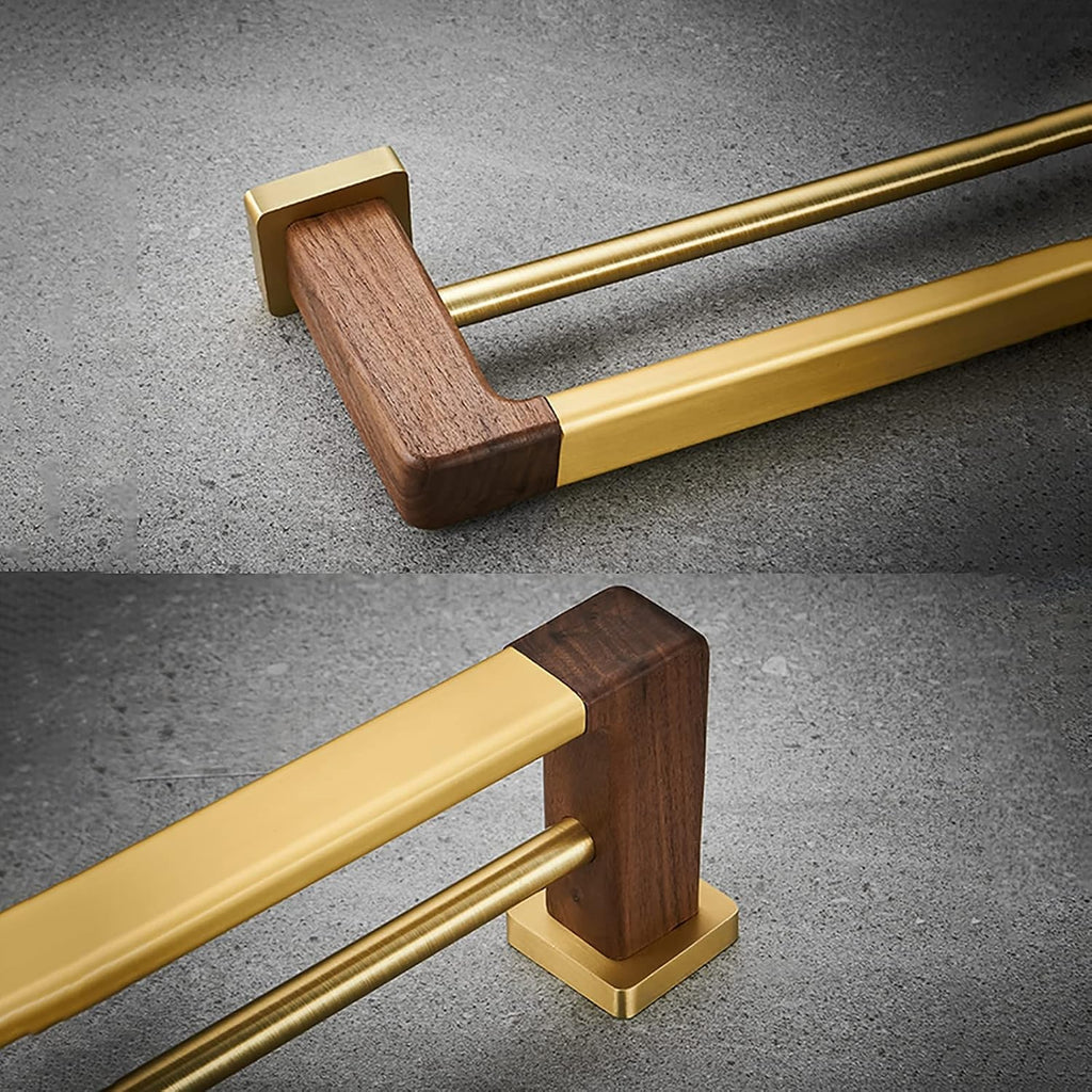 Double Towel Bar Towel Rail Brushed Gold Space Aluminum and Walnut Bathroom Towel Rack Wall Mounted Towel Holder Double Rod Storage Rack for Bathroom, Kitchen, Toilet