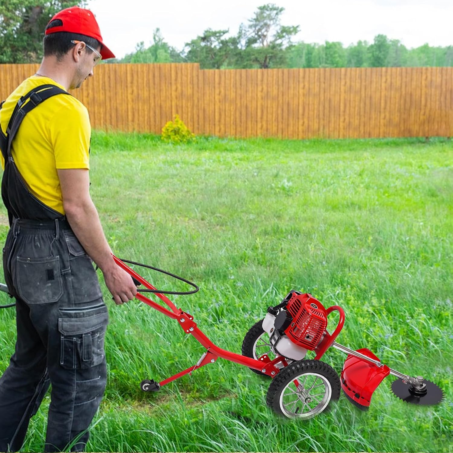 Weed Wacker, 2 Stroke 49 CC Gasoline Weed Eater, 6500-7000R/Min Hand Push Weed Wacker, 0.95L Small Weedwacker, can Folded Rear Wheel, for Mountains, Hills, Plains, Orchards Etc