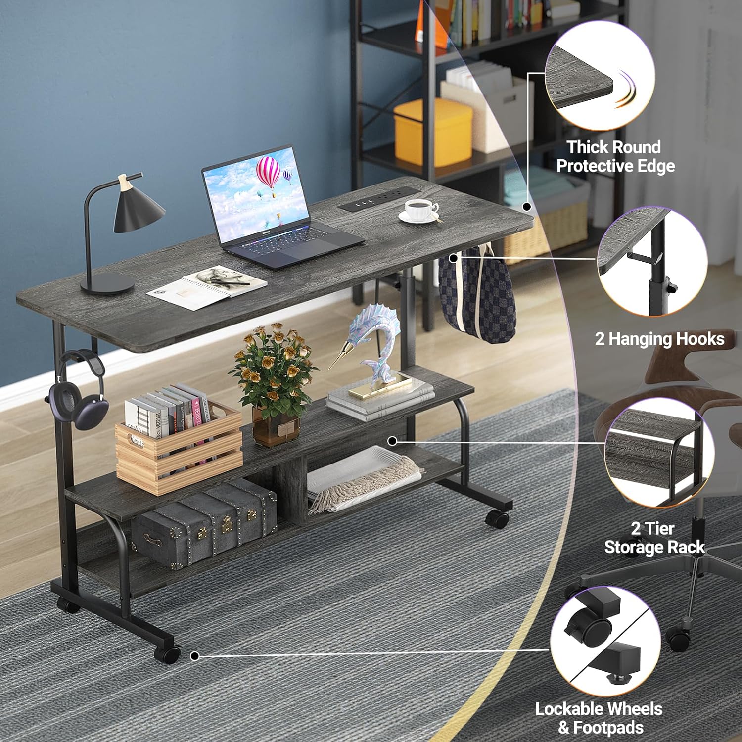 Armocity Rolling Standing Desk with Power Outlets, 47' Manual Height Adjustable Mobile Computer Desk with Wheels, Portable Sit Stand Laptop Couch Table for Bed & Sofa Home Office, Grey Oak