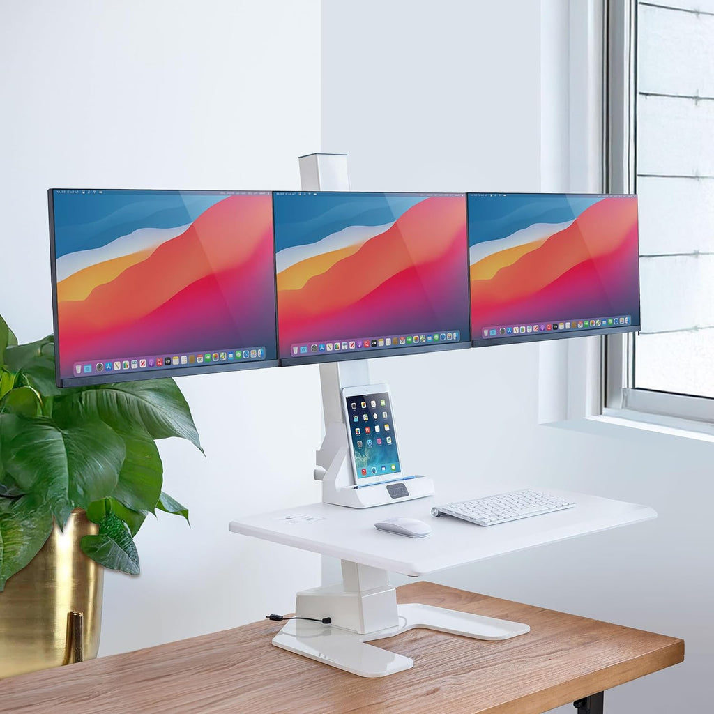 Mount-It! Triple Monitor Electric Standing Desk Converter - 3 Monitor Standing Desk is Height Adjustable, Sit-Stand Converting Desk for Home, Office Monitor Mounts Fits Screens up to 32' White