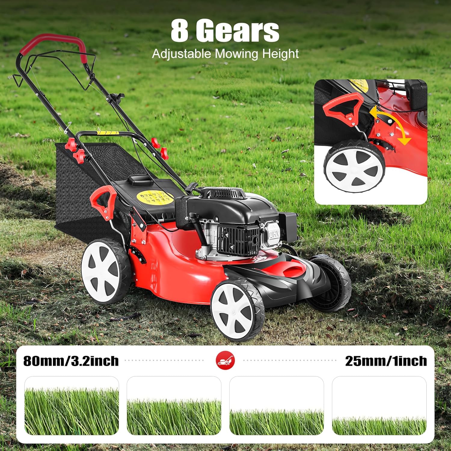 20' Gas Lawn Mower, 140cc Self Propelled Gas Lawn Mower with 4-Stroke Single Cylinder OHV Engine Gas Lawn Mowers Clearance Lawnmower with Baggingfor Sports Fields, Community Greening
