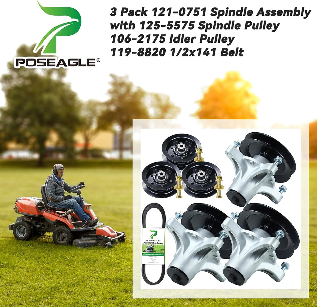 3 Pack 121-0751 Spindle Assembly with 125-5575 Spindle Pulley 106-2175 Idler Pulley 119-8820 Belt 1/2x142 Replaces 139-3214, 117-7267, 117-7439 for Toro 50 Inch Riding Mowers