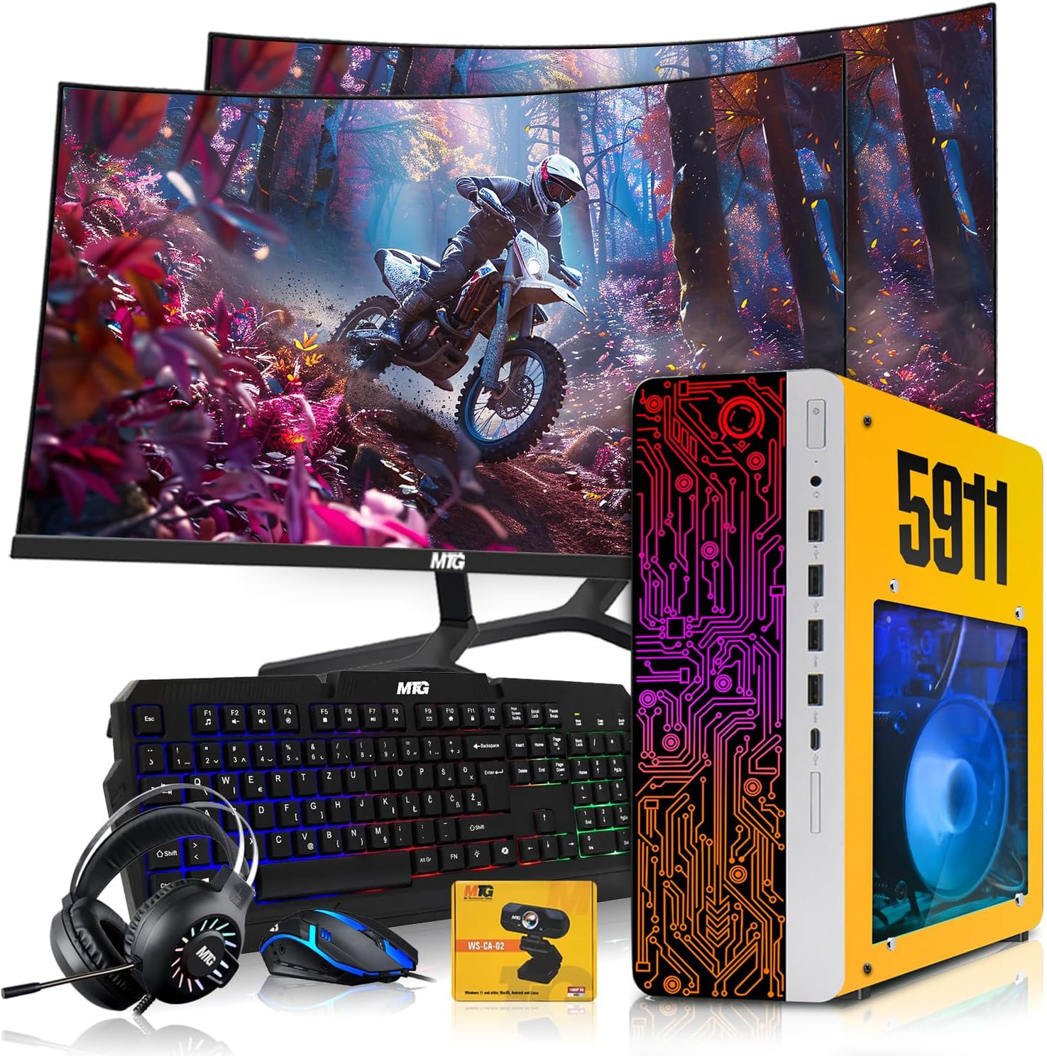 HP Gaming PC Desktop Computer 5911 AMD A10-9700, RX 550, 16GB RAM, 1TB SSD, Dual 27 Inch Curved Monitor, RGB KBM with AI Copilot, WiFi, RGB Headphone, Webcam, Windows 11 (Renewed)