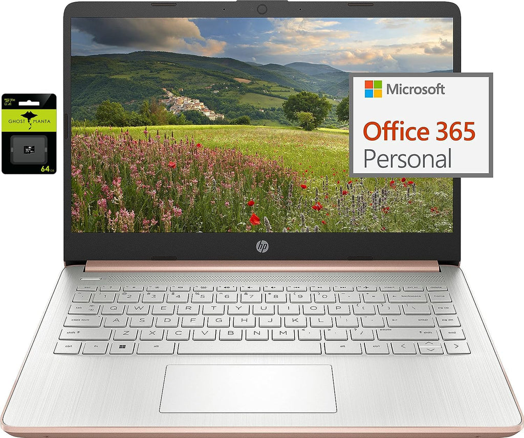 HP 14' Ultral Light Laptop for Students and Business, Intel Quad-Core N4120, 4GB RAM, 128GB Storage(64GB eMMC+64GB Ghost Manta SD), 1 Year Office 365, Webcam, HDMI, WiFi, USB-A&C, Win 11 S