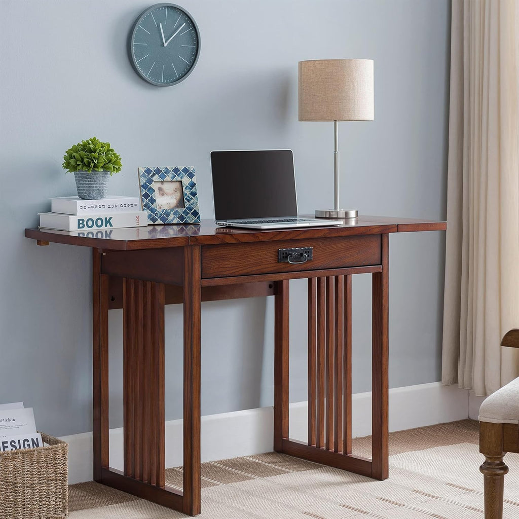Mission Drop Leaf Computer Desk, 32-Inch, Solid Wood, Compact Folding Writing Desk for Small Spaces, Home Office – Leick Home, 82420