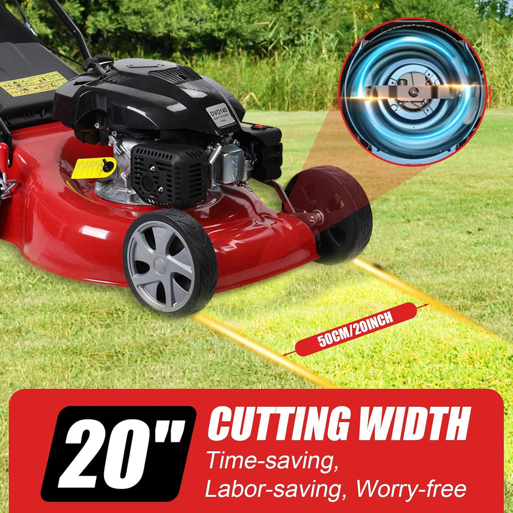 Self Propelled Gas Lawn Mower, 141cc 4-Stroke Push Lawn Mower, 20 Inches Walk-Behind Lawn Mowers, Cordless Lawn Mowers Manual Lawn Mowers with 50L Grass Tank ＆ Big Wheels for Home, Yard, Gard