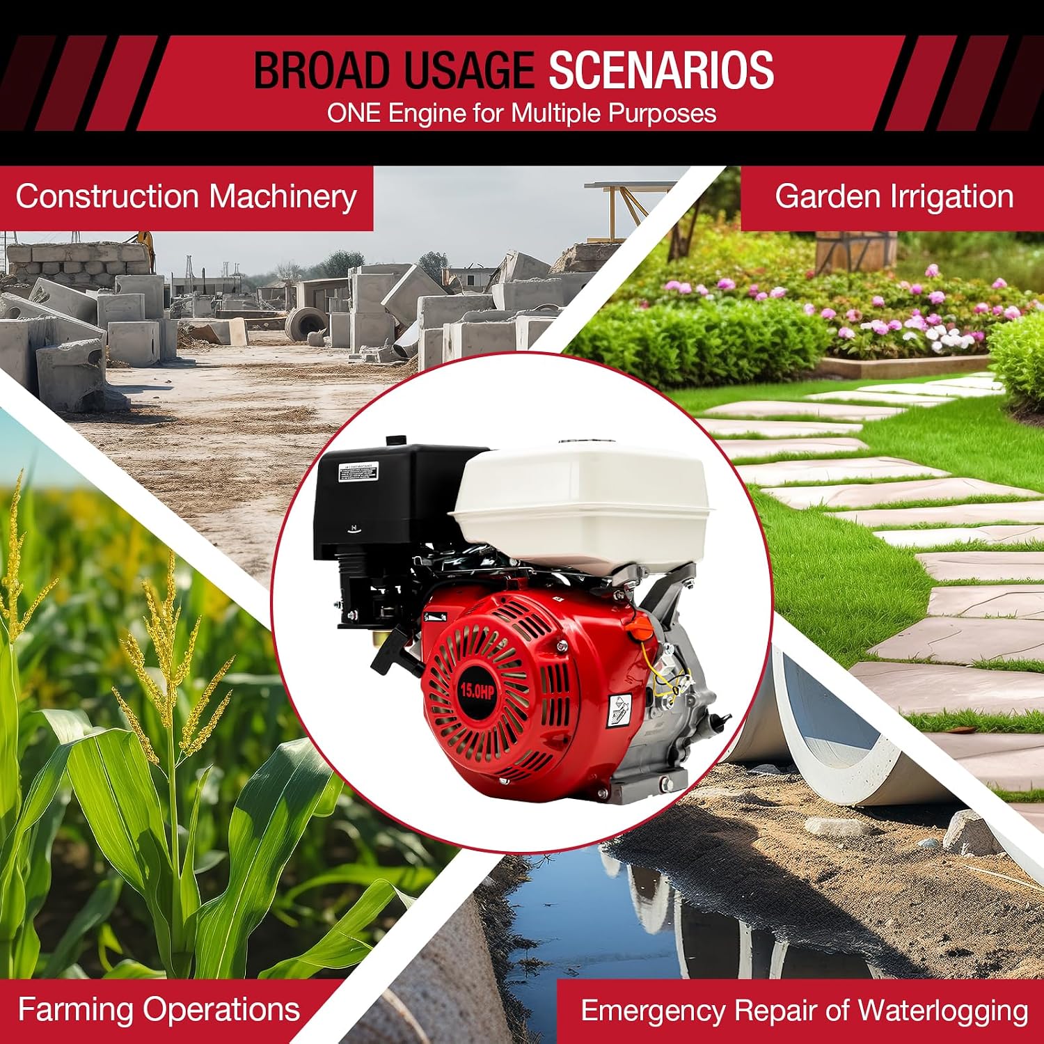 15HP 4 Stroke Air Cooled Gas Engine, 420CC Gasoline Motor Engine Recoil Start Go Kart Log Splitter Lifan Type Engine OHV Pull Start Garden Tool Gas Motor for Go Kart Lawn Mower