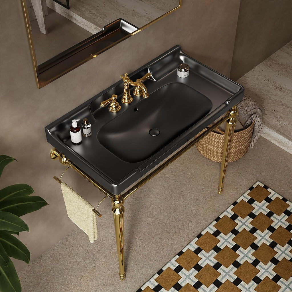36'' Console Bathroom Sink, Freestanding Console Sink With Stainless Brushed Gold Legs, Modern Bathroom Vanity with 3 Tap Holes and Pop Up Drain, Black