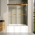 Frameless Bathtub Shower Door, 56'-60' Wide, 60' high, 3/8' (10mm) Clear Tempered Glass with Towel bar, Double Sliding Door, Brushed Gold Finish DS01