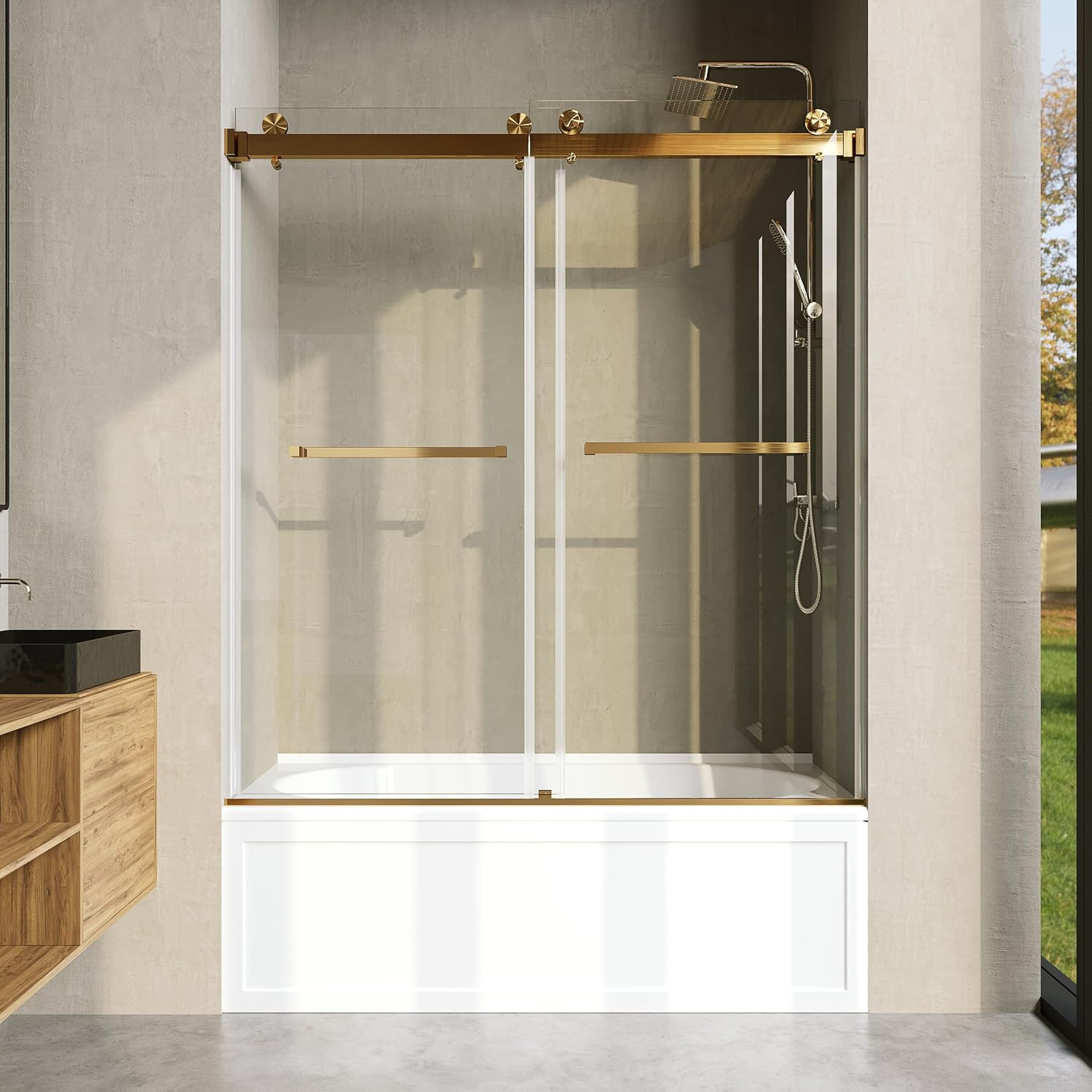 Frameless Bathtub Shower Door, 56'-60' Wide, 66' high, 3/8' (10mm) Clear Tempered Glass with Towel bar, Double Sliding Door, Brushed Gold Finish DS01