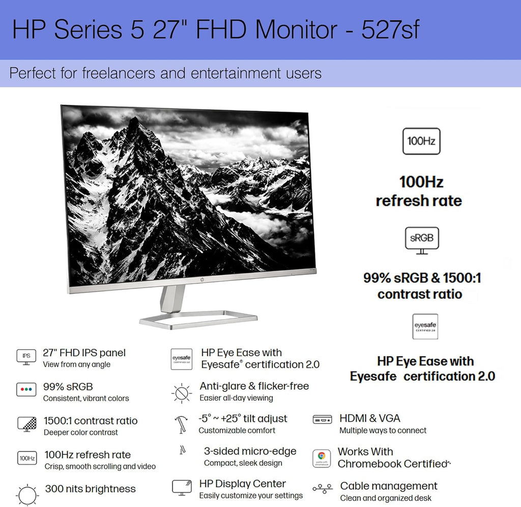 HP Series 5 527SF 27' Full HD (1920×1080) Monitor (2-Pack) | IPS Display, 100Hz, Slim Bezel Design, Eye Comfort Technology & HDMI Connection, Replaces M27F (94F44AA#ABA) + 2X Screen Protector + More