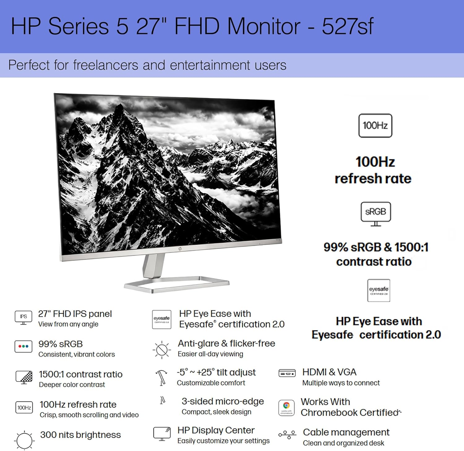 HP Series 5 527SF 27' Full HD (1920×1080) Monitor (2-Pack) | IPS Display, 100Hz, Slim Bezel Design, Eye Comfort Technology & HDMI Connection, Replaces M27F (94F44AA#ABA) + 2X Screen Protector + More