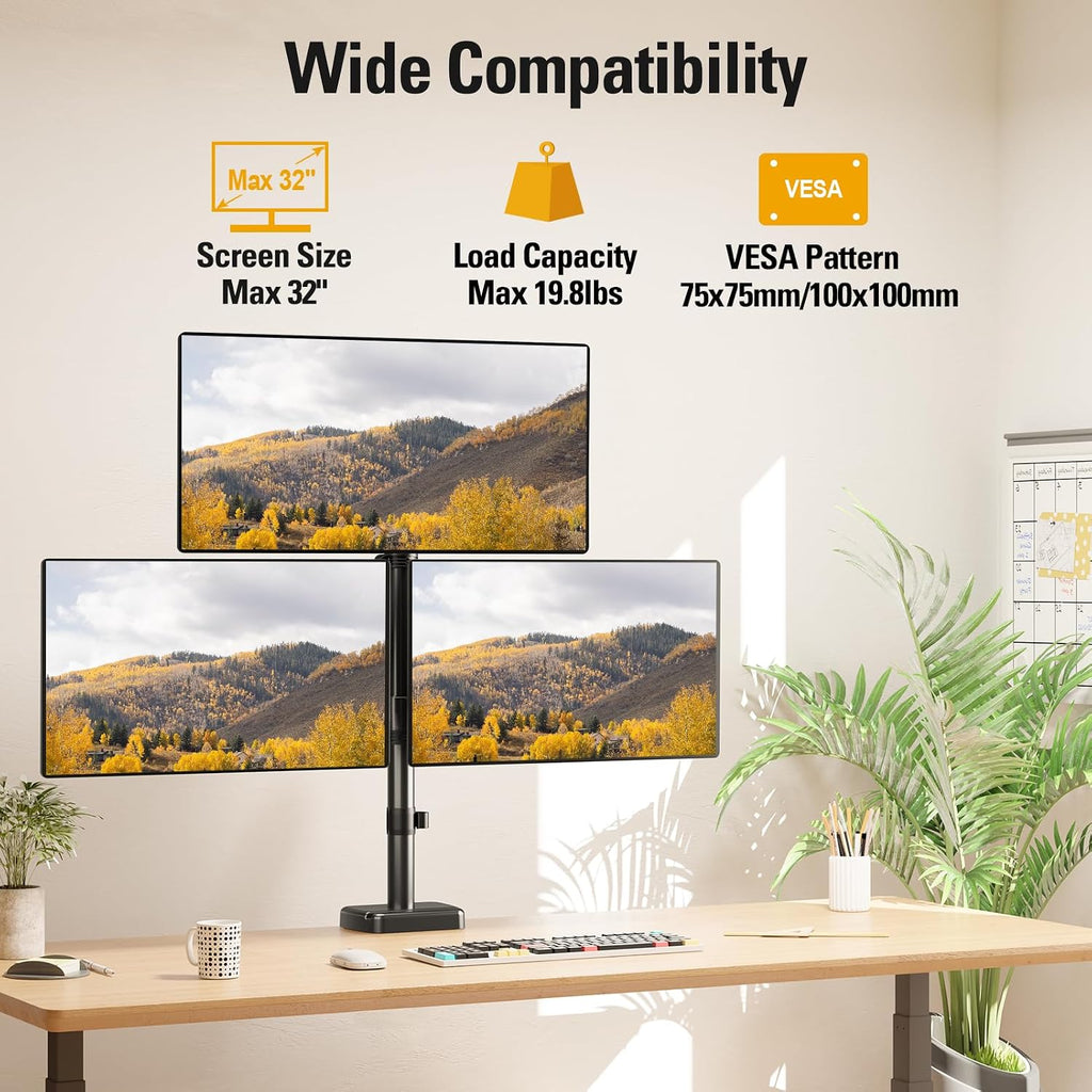 Triple Monitor Mount up to 32' Computer Screen, up to 19.8lbs Each, Adjustable 3 Monitor Stand with Clamp & Grommet Kit, Gas Spring Arm with Tilt Swivel Rotate, VESA Mount 75x75/100x100mm