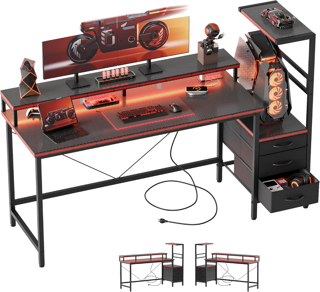Mericonia 52 inch Gaming Desk with LED Lights & Power Outlets, Reversible Computer Desk with Storage Drawers & Monitor Stand, Large Gaming Table for Home Office
