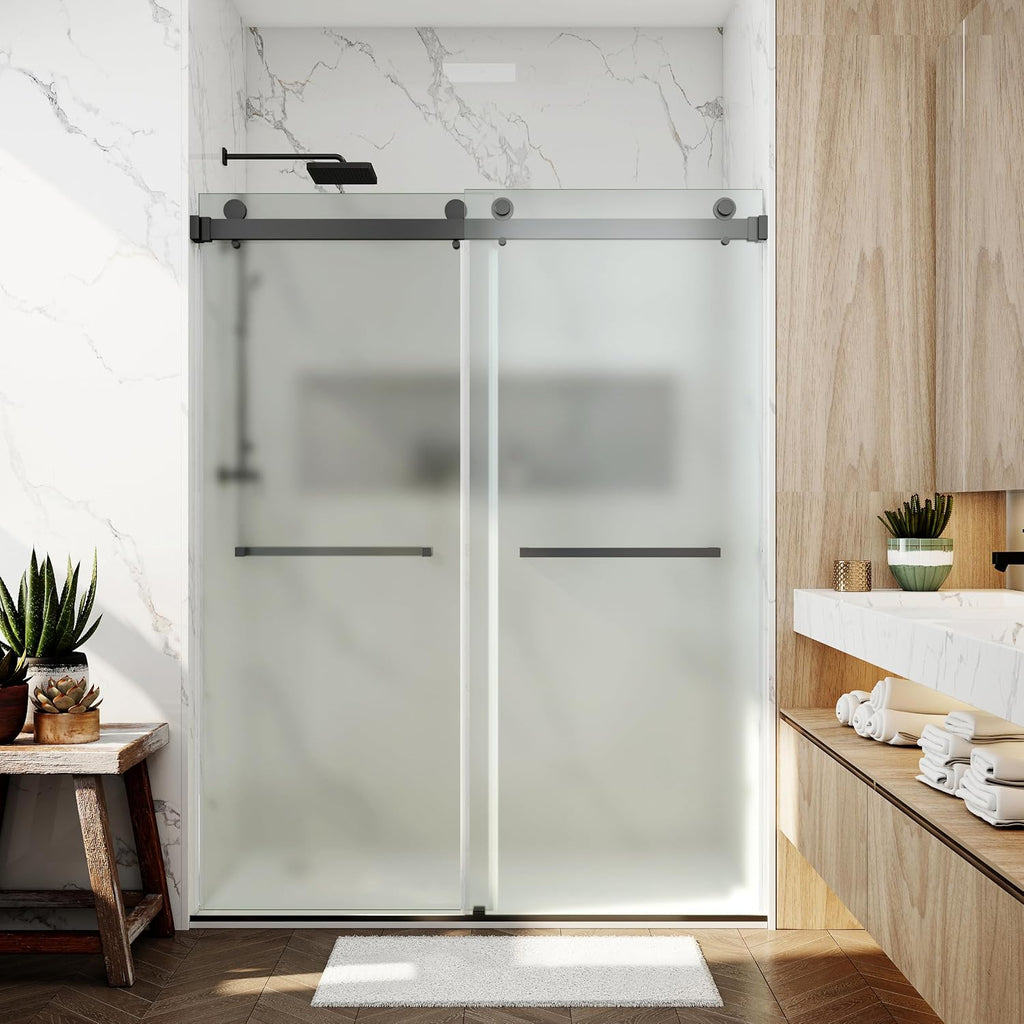 56-60' W x 76' H Shower Doors Double Sliding Frameless 3/8'(10mm) Single Side Frosted Tempere Glass Towel Bar Handle (Matte Black)