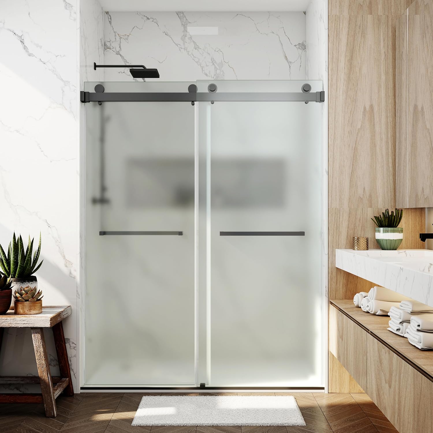 56-60' W x 76' Ultra-Clear Single Sided Frosted Shower Doors Double Sliding Frameless 3/8'(10mm) Temperedd Glass with Towel Bar Handle (Matte Black)