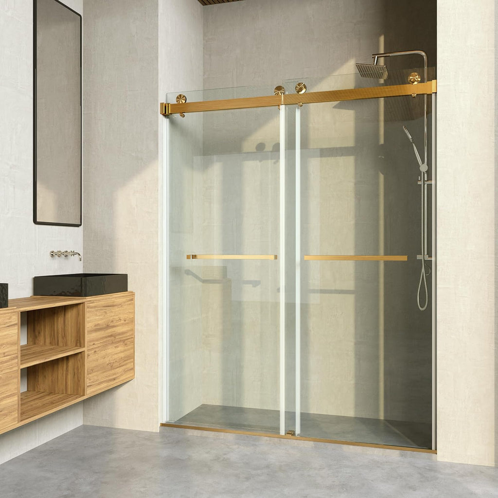 Frameless Shower Door, 50'-54' Wide, 76' high, 3/8' (10mm) Clear Tempered Glass with Towel bar, Double Sliding Door, Brushed Gold Finish DS01