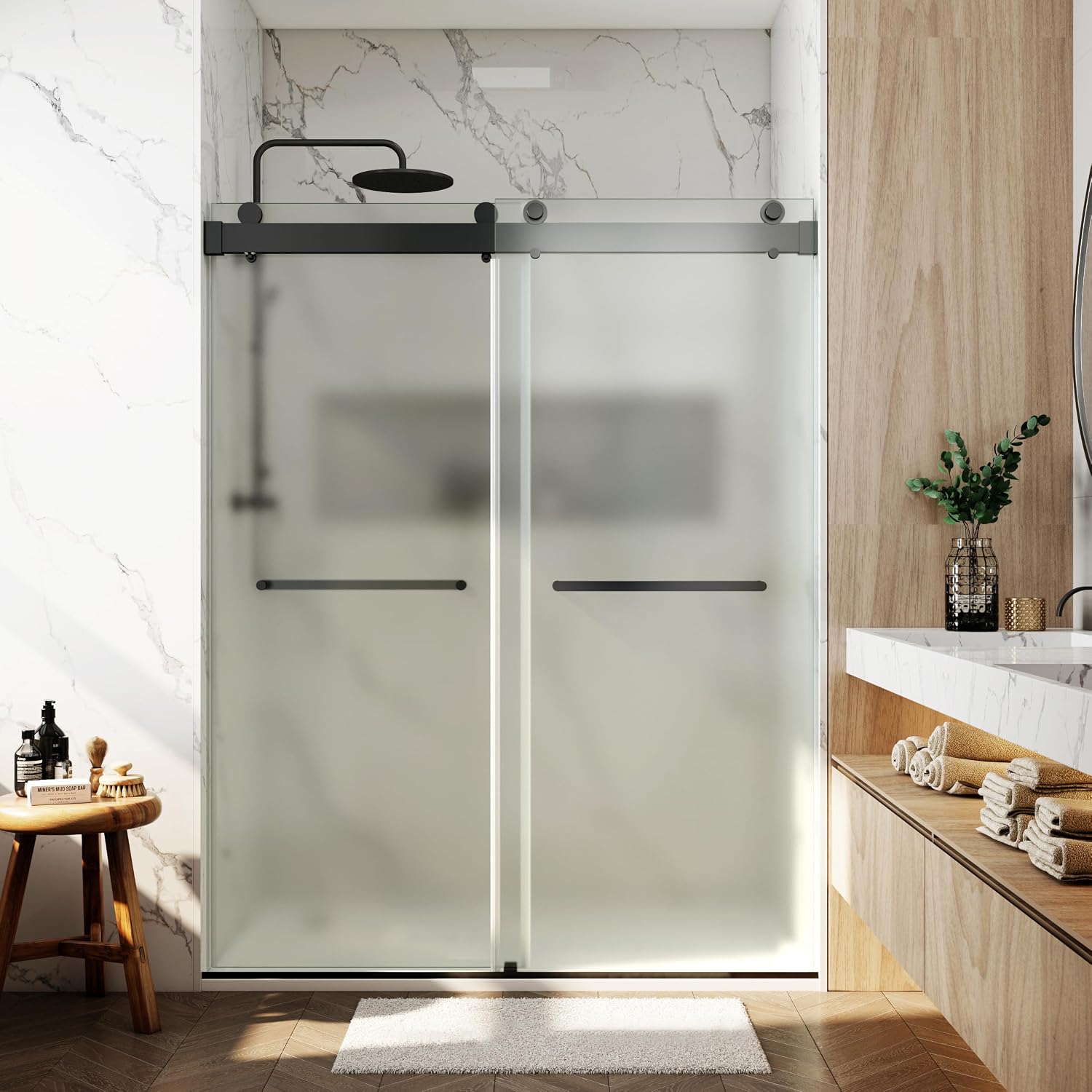 56-60' W x 76' H Single Sided Frosted Shower Doors Soft Close Double Sliding Frameless 3/8'(10mm) Temperedd Glass with Towel Bar Handle (Matte Black)