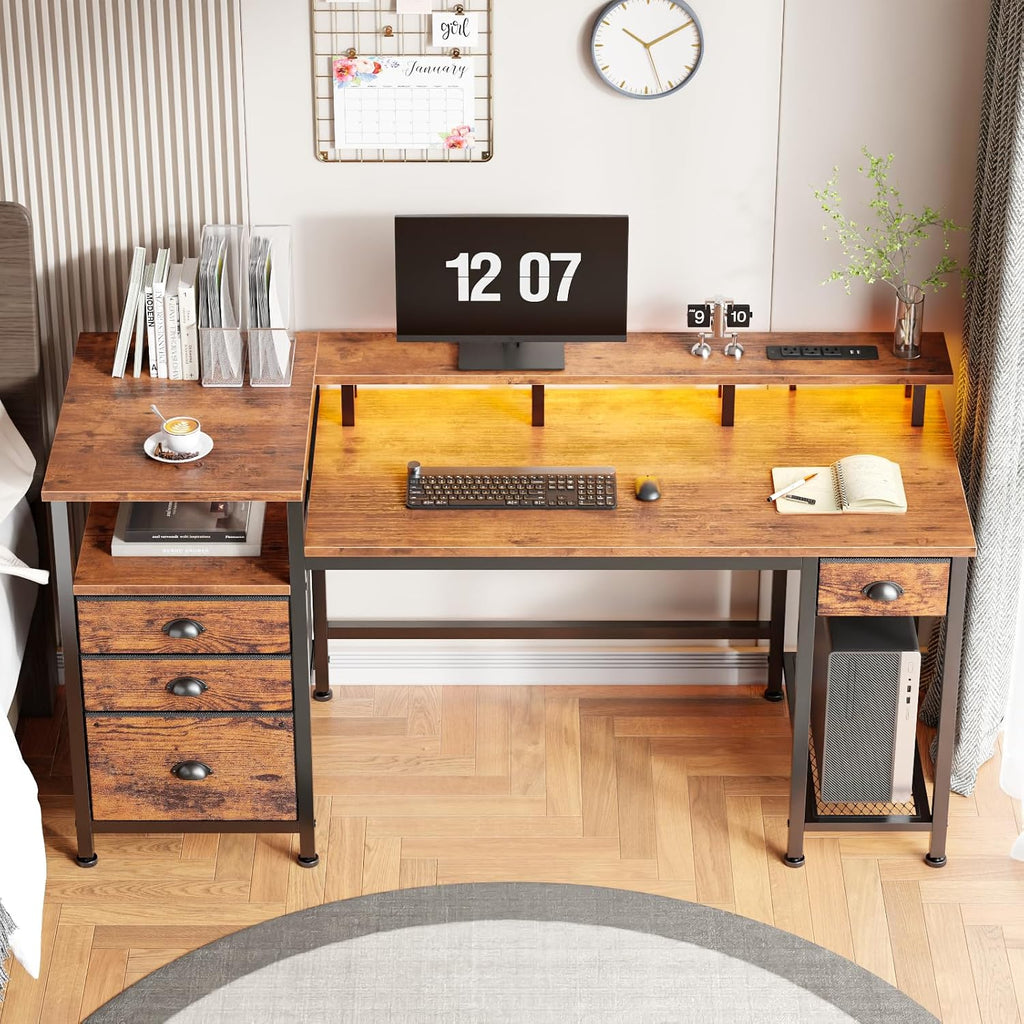 Furologee 60' Computer Desk with File Cabinet and Storage Shelves, Reversible Home Office Desk with LED Lights, Full Monitor Stand, Power Outlets, Study Gaming Table with 4 Drawers, Rustic Brown