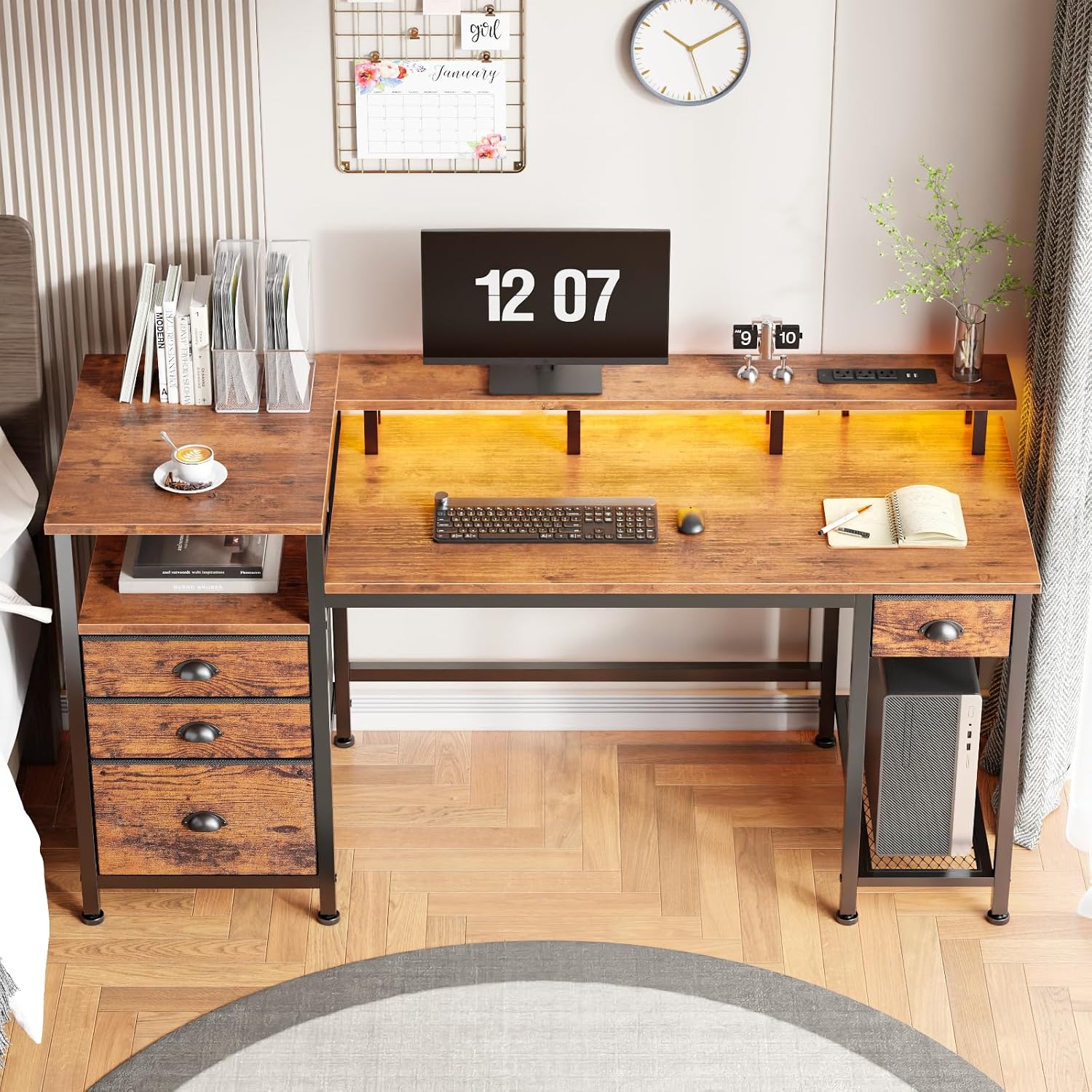Furologee 60' Computer Desk with File Cabinet and Storage Shelves, Reversible Home Office Desk with LED Lights, Full Monitor Stand, Power Outlets, Study Gaming Table with 4 Drawers, Rustic Brown