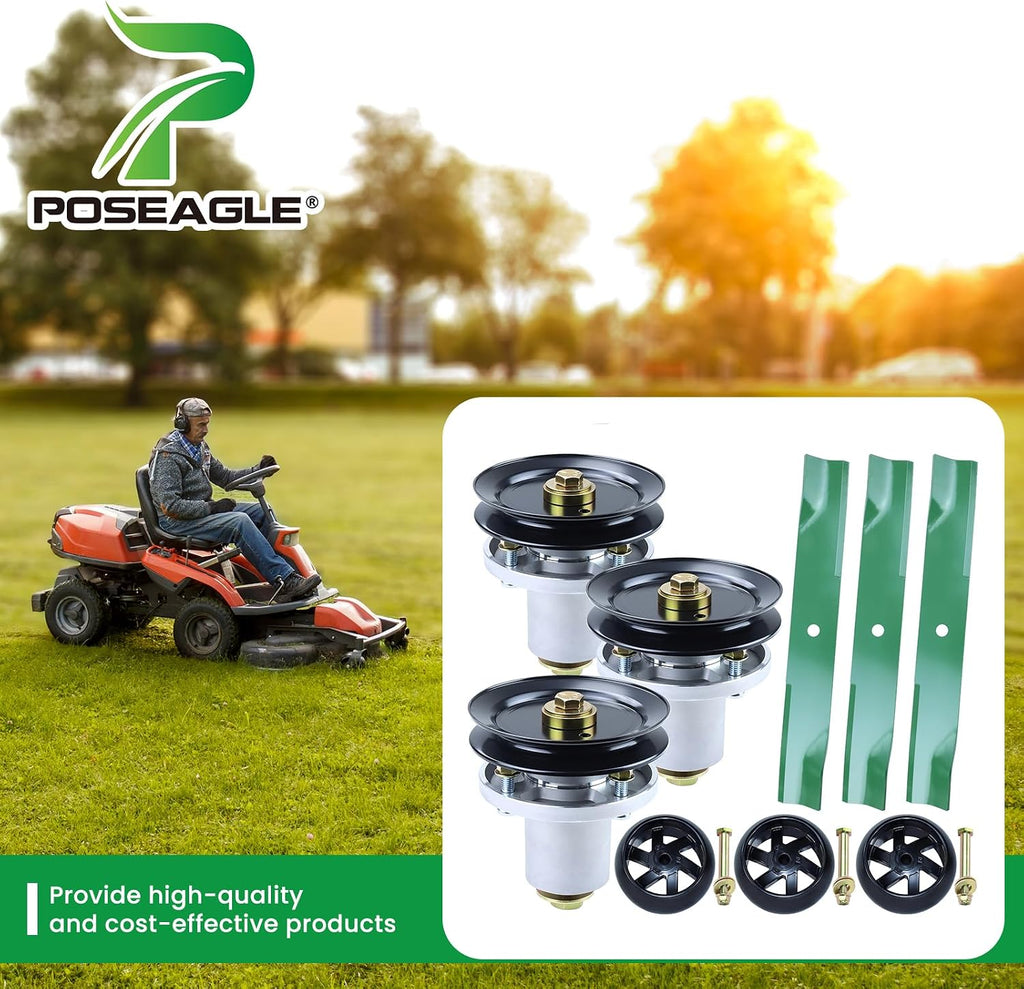 54 Inch Mower Deck Rebuild Kit for Hustler Raptor Flip-Up, Raptor SD 935833 936476 935833 Includes 3 Pack 601804 Spindle Assembly with 604664 Pulley 788166 Wheel 601124 Blade