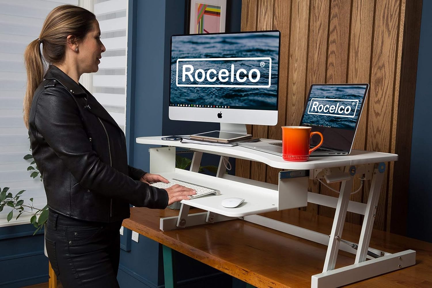 Rocelco 37.5' Deluxe Height Adjustable Standing Desk Converter - Quick Sit Stand Up Dual Monitor Riser - Gas Spring Assist Computer Workstation - Large Retractable Keyboard Tray - White (R DADRW)