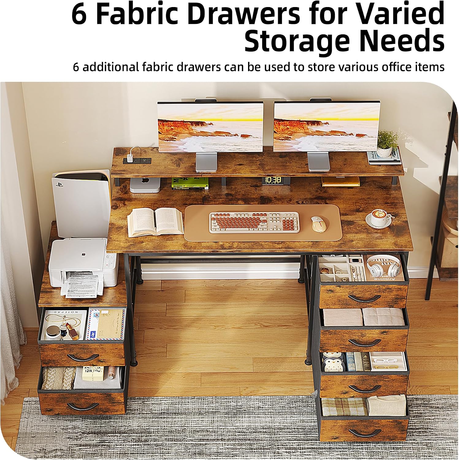 52 Inch Office Desk with 6 Drawers and Printer Space for Storage, Reversible Computer Desk with Monitor Stand & Power Outlets, Home Office Desks, Vintage
