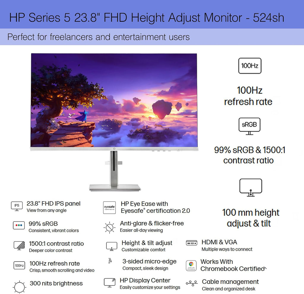HP Series 5 524SH 23.8' Full HD (1920×1080) Monitor (2-Pack) | IPS Display, 100Hz, Slim Bezel, Eye Comfort Tech, Height Adjustable Stand & HDMI, Replaces M24H(94C19AA#ABA) + 2x Screen Protector + More