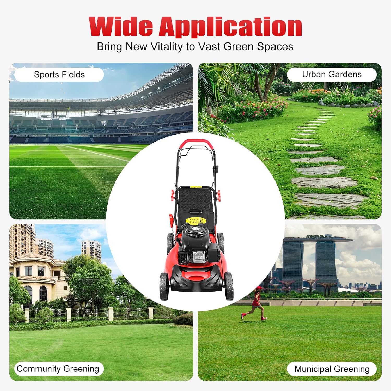 140CC 4KW Gas Powered Weed Trimme, 4 Stroke Gas Powered Lawn Mower Self Propelled 3-in-1 with Bagger,8 Adjustable Heights Gas Mower for Garden Lawn Grass Hedge Trimmer, 20-in