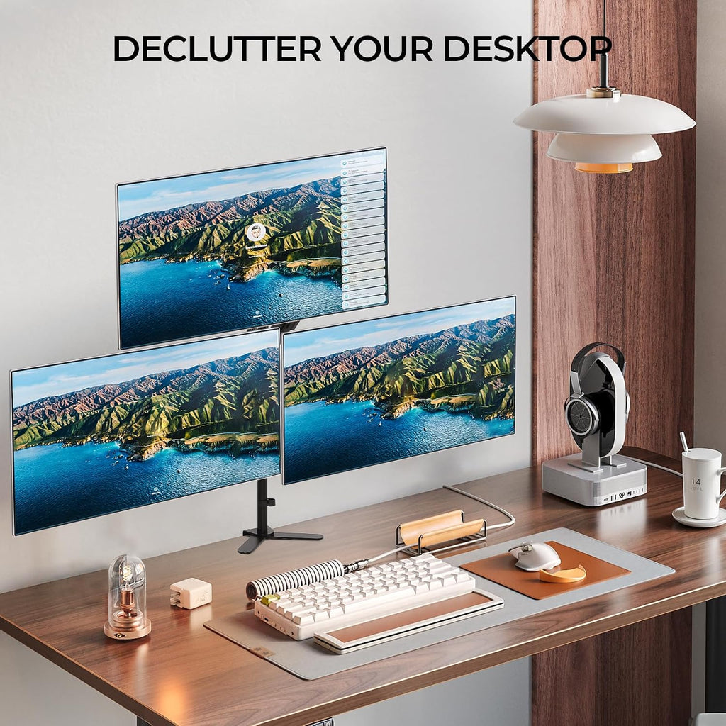 Triple Monitor Mount - Vesa Mount，Gas Spring Adjustable 3 Monitor Desk Stand with Swivel，Tilt，and Clamp Functions for Computer Screens from 17-32 Inches，Each Stand Holds 19.8 LBS