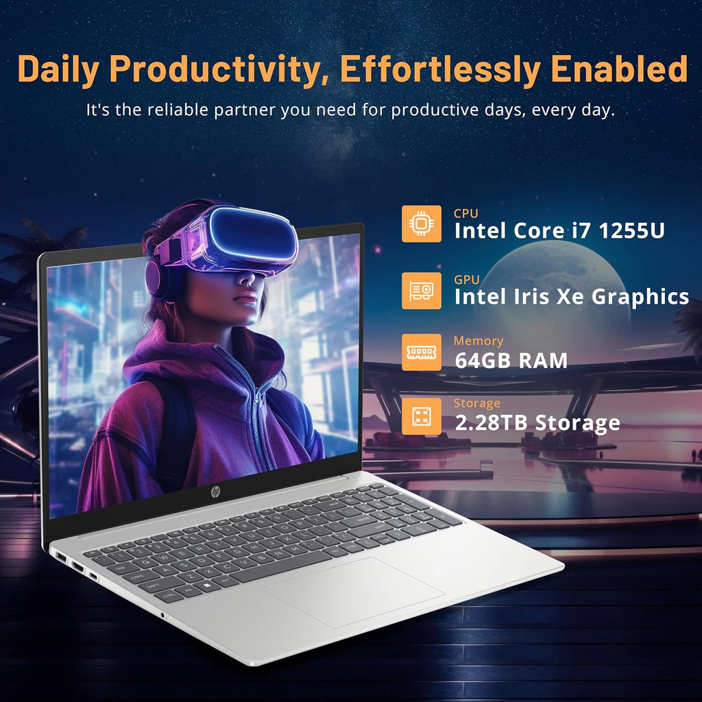 HP 15.6'' FHD IPS Touchscreen Laptop, Intel i7-1255U, 64GB RAM, 2.28TB Storage (2TB SSD+288GB Docking Station Set), Intel Iris Xe Graphics, Number Pad, Wi-Fi 6E, 720p HD Camera, Windows 11 Pro, Silver