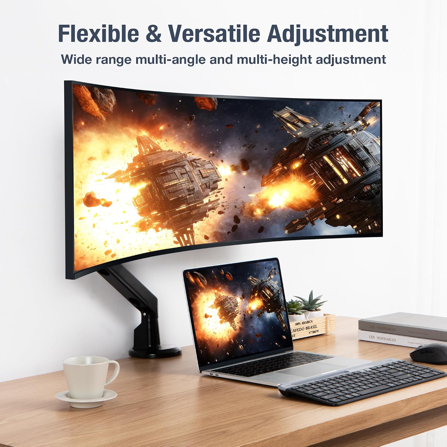 AVLT Single 13'-38' Monitor Arm Desk Mount fits One Flat/Curved/Ultrawide Screens Full Motion Height Swivel Tilt Rotation Adjustable - VESA/C-Clamp/Cable Management - Black