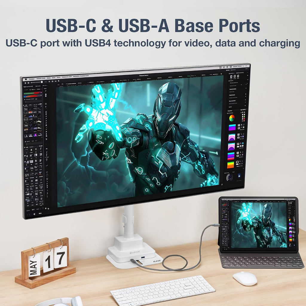 AVLT Single 57 Inch Heavy Duty Monitor Arm Pole Top Mount with USB-C&A Ports-White, Height Adjustable, Easy Install Top C-Clamp/Grommet with Reinforcement Plates, VESA Compatible 200/100/75