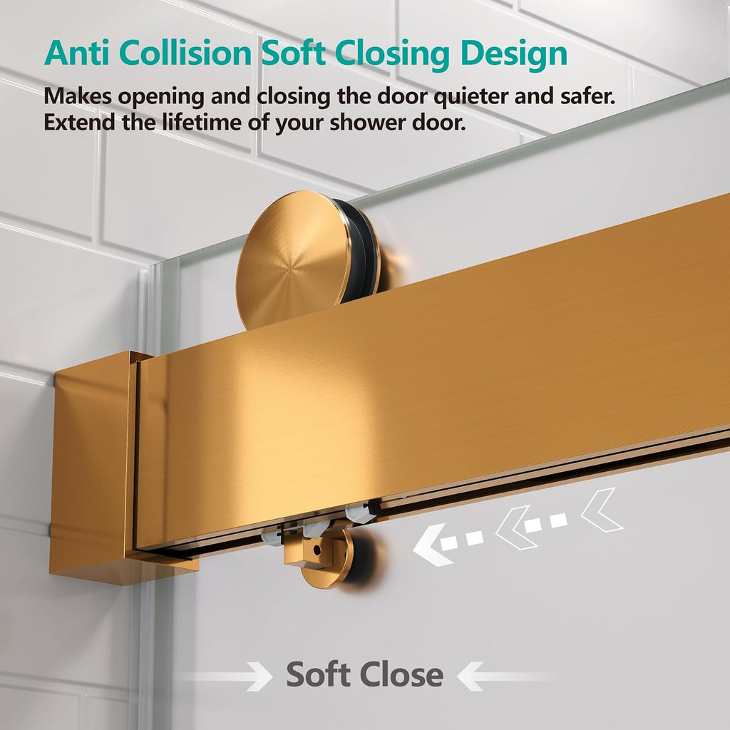 Shower Doors Soft Close 56-60' W x 76' H Ultra-Clear Single Sided Frosted Double Sliding Frameless 3/8'(10mm) Temperedd Glass with Towel Bar Handle (Brushed Gold)