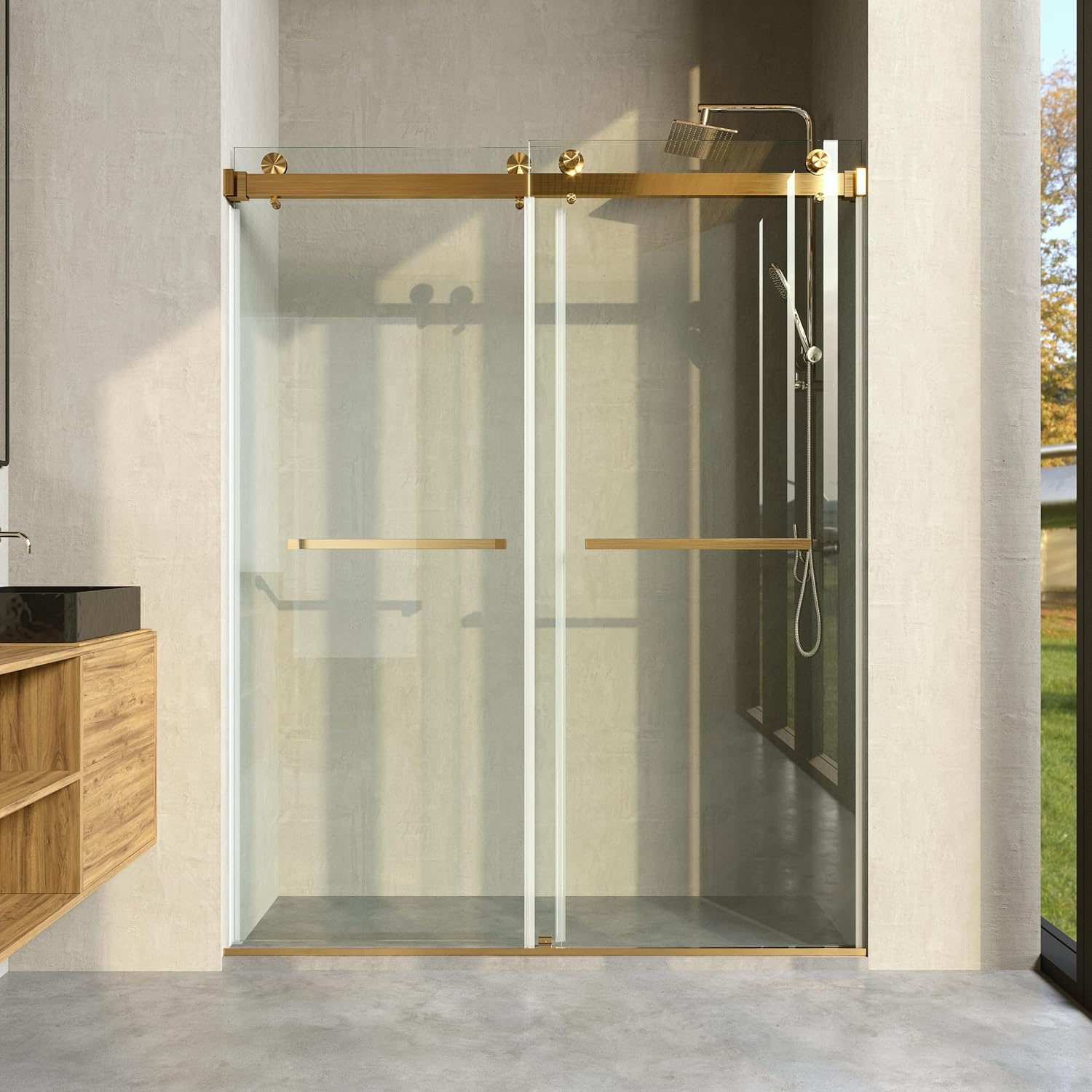 Frameless Shower Door, 50'-54' Wide, 76' high, 3/8' (10mm) Clear Tempered Glass with Towel bar, Double Sliding Door, Brushed Gold Finish DS01