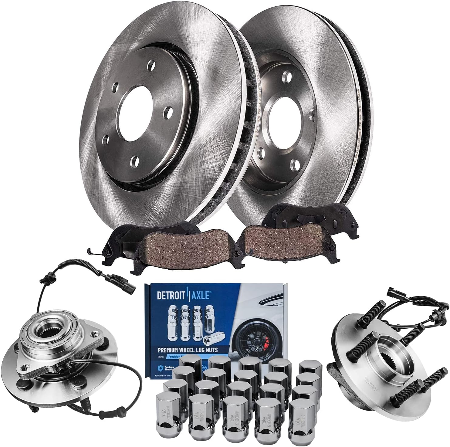 Detroit Axle - Front Disc Rotors Brake Pads Wheel Hub Bearings + 20pc Lug Nuts Replacement for 2006 2007 2008 Dodge Ram 1500 5 Lugs - 26pc Set