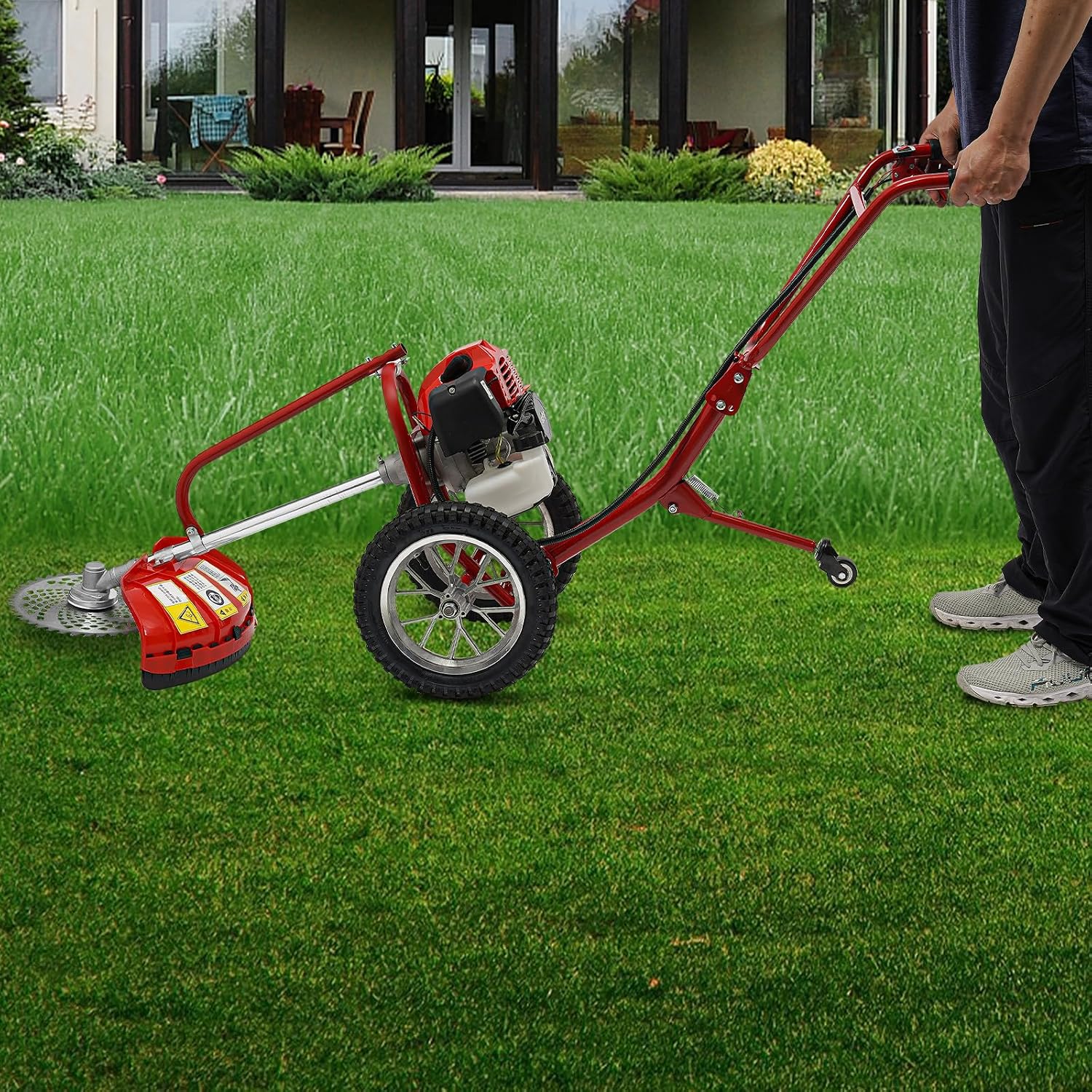 Walk Behind Brush Cutter 49CC 2-Stroke Gas Powered, Push Power Lawn Mower & Grass Trimmer for Heavy Duty, Multi-Function String Trimmer with Wheels for Yard Garden Maintenance